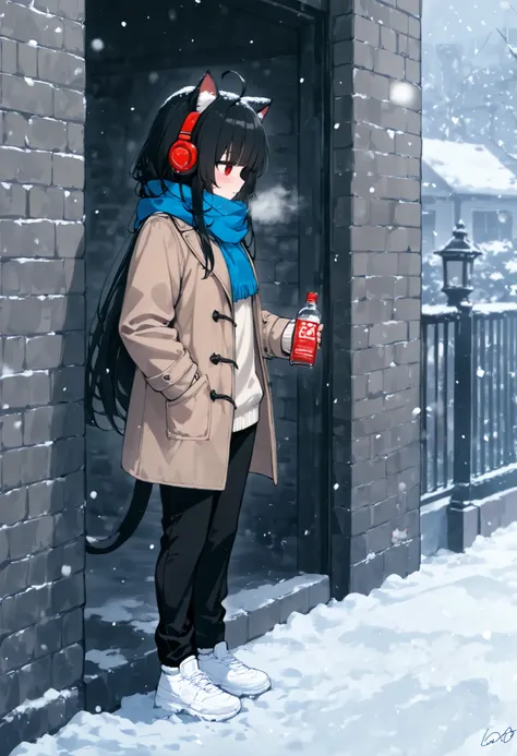 1girl, black hair, long hair, , junkotvvxl ((cat girl, cat ears)), (red eyes), (long hair), (( black hair, (Ahoge), straight bangs,)), profile, headphones, blush, scarf, pants, shoes, long sleeves, sweater, standing, hand in pocket, coat, bottle, snow, sol...