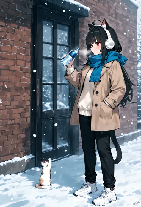 1girl, black hair, long hair, , junkotvvxl ((cat girl, cat ears)), (red eyes), (long hair), (( black hair, (Ahoge), straight bangs,)), profile, headphones, blush, scarf, pants, shoes, long sleeves, sweater, standing, hand in pocket, coat, bottle, snow, sol...