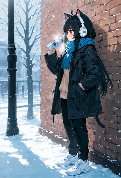 1girl, black hair, long hair, , junkotvvxl ((cat girl, cat ears)), (red eyes), (long hair), (( black hair, (Ahoge), straight bangs,)), profile, headphones, blush, scarf, pants, shoes, long sleeves, sweater, standing, hand in pocket, coat, bottle, snow, sol...