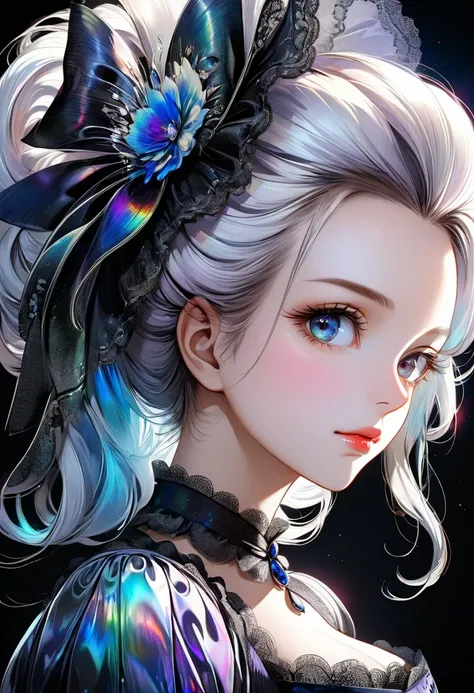 Marie Antoinette-style portrait of a beautiful woman, black iridescent color effect, ultra detailed, absolutely resolution, masterpiece