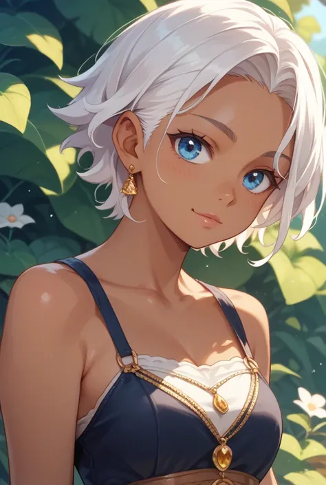 An 18-year-old girl with short white hair and brown skin, and blue eyes, com o corpo baseado na gobu de goblin treasure. With anime-shaped casual outfits 