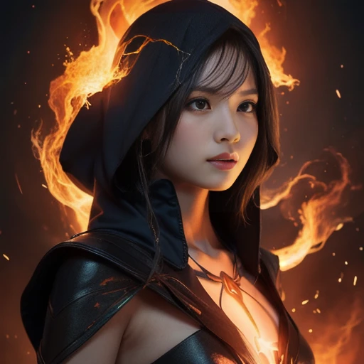 A female sorceress, wearing a sorceress hood, is completely engulfed in flames. She is photographed from head to knees, with the sounds of thunder rumbling in the background. The colors are a mix of orange and red, and the glow of the flames illuminates he...