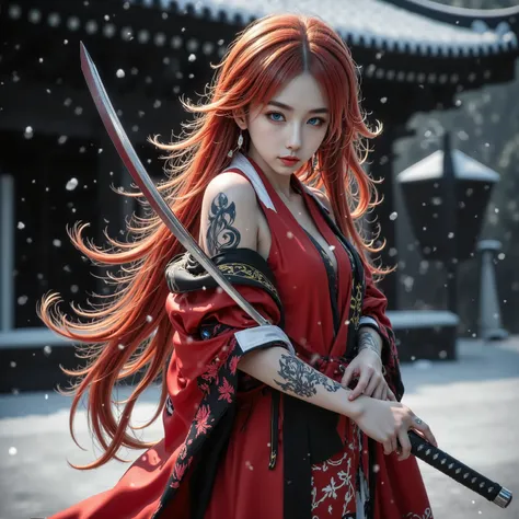 Full body in kimono、Temple Background、A precise Japanese sword with a vermilion blade 、Holding a Japanese sword in hand、Unexposed whole body、beautiful fighting poses、The glowing snow is dancing、I'm wearing a detailed red and black kimono with a beautiful p...