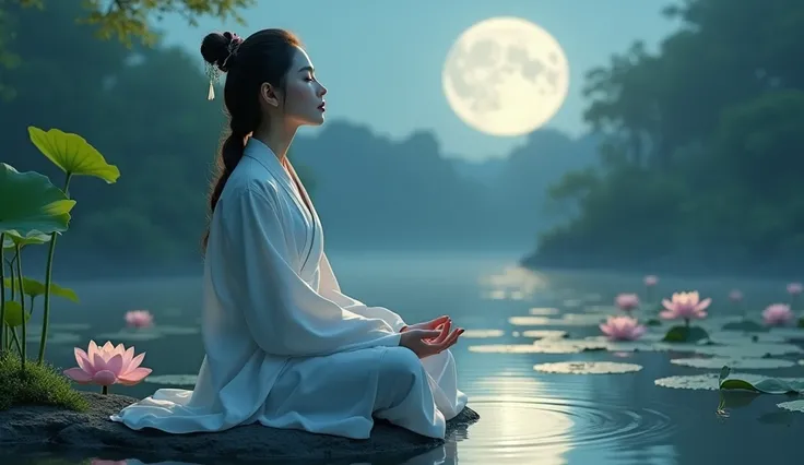 Woman meditating under a full moon by a lotus pond
A Korean woman wearing a white hanbok sits gracefully on the edge of a lotus pond under the glow of a full moon. The shimmering moonlight dances on the water, illuminating the blooming lotus flowers and he...