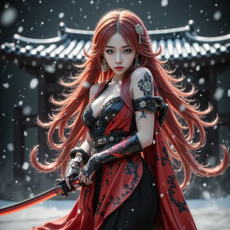 Full body in kimono、Temple Background、A precise Japanese sword with a vermilion blade 、Holding a Japanese sword in hand、Unexposed whole body、beautiful fighting poses、The glowing snow is dancing、 wears a detailed red and black kimono with a beautiful patter...