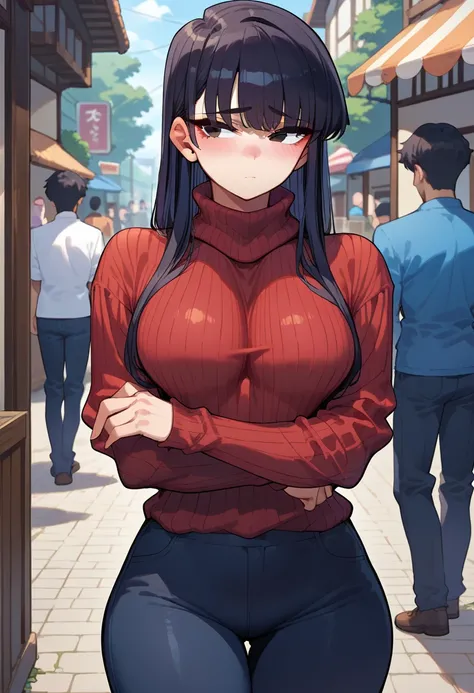 1 woman,  alone, Comey_Shoko , black eye,  black hair,  long hair,  big boobs ,  wide hips ,  thick thighs, white turtleneck ribbed sweater,  black pants ,  Blushing , shy, Standing,  is looking at the audience, indoor background,  front view 