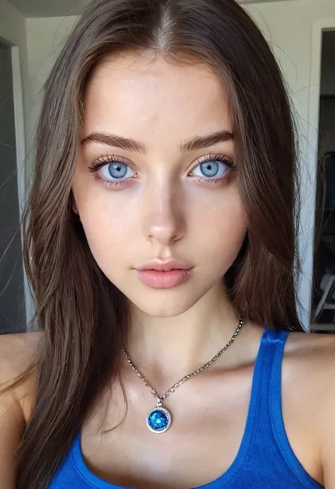 Arafed woman with a tank top and necklace, sexy girl with Blue eyes, Portrait Sophie Mudd, brown Long Straight Hair and big eyes, selfie of a young woman, Violet Myers, without makeup, natural makeup, white skin, looking straight at camera, Face with Artgr...