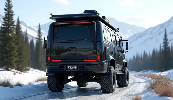 An impressive and highly detailed photorealistic rendering of a massive ( Chevrolet Motorhome ) camper truck. The(direct  back )view showcases a shiny (black) exterior, accentuating the vehicle's powerful presence. The  boasts large off-road tires, reinfor...