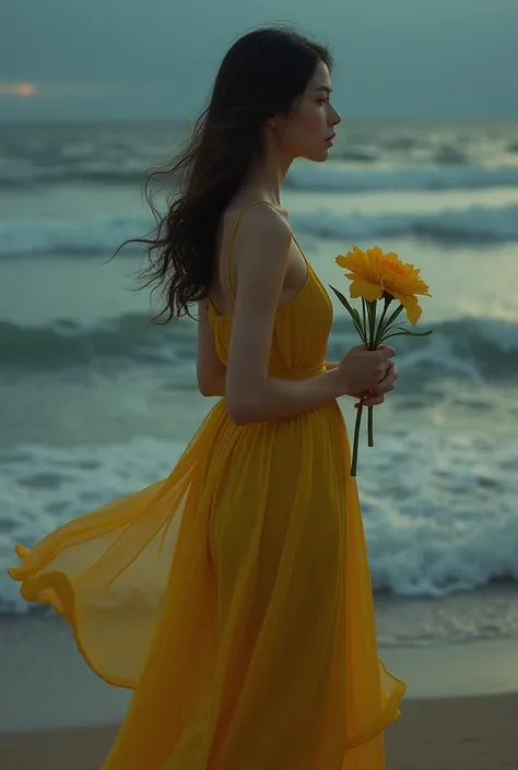 Create a picture of a woman holding a yellow flower in her arm, wearing a yellow long garment. the background should be a beach, environment should be a dark evening, the girl should be looking at sea