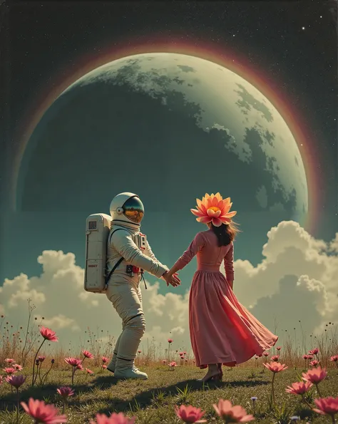 Retro application， Texture of an old photograph ，misty rainbow ， A huge gray planet on a black cosmic background ，An astronaut and a well-dressed woman ,  they dance hand in hand on a psychedelic lawn， The woman's face is a lotto flower  