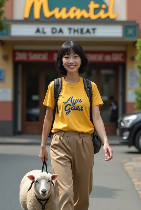 a woman short black haircut, wearing a yellow t-shirt clothes by name text AYU GAES in t-shirt, long trousers cloth, he was walking on footpath sidewalk the bioskop building, his wearing a backpack with holding herness strap for carrying adult sheep beside...