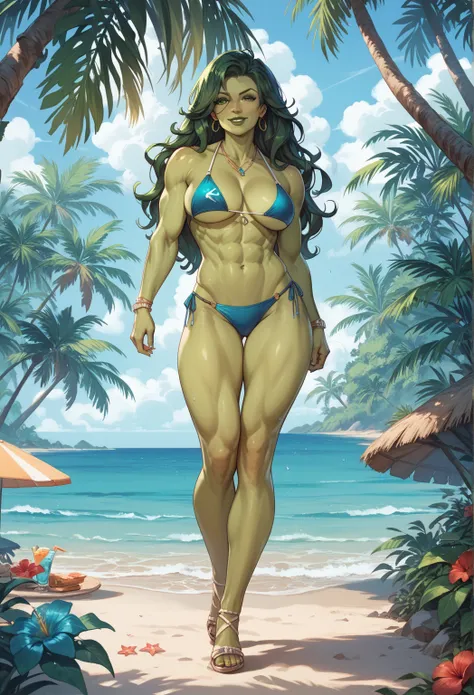 (bikini) She-hulk, full body, on a deserted beach