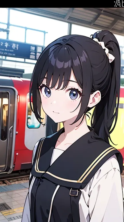 Idol Beautiful Girl、Wear a costume that looks like a middle school student、 with long sleeves、 black hair、A hairstyle with a characteristic ponytail、 The background is a pop background like an anime style live house、 full size、whole body、Glossy８Ｋ illustrat...