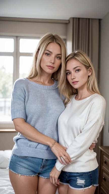 (   A beautiful woman ,  50 years old, com     blond hair and face with soft European features     ,   wearing a short sweater    ) , (alongside her daughter    ,  a beautiful 20-year-old girl,      blond hair and face with soft European features     ,   w...