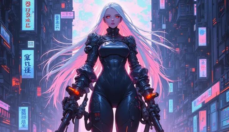 AI woman in a cyberpunk suit, very tall, with thick thighs, wide hips, long legs, and a slender waist. Dark red glowing eyes, long flowing white hair. Two large katanas hanging at her waist behind and one katana in her hand. Alluring, looking directly at t...