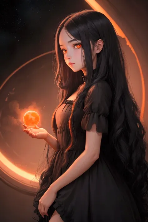 Black hole version girl  ,  in dress and long hair , with orange eyes 