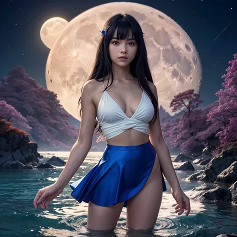 (Sharp and clear Ultra HD image, high quality and highly detailed) depicting an ocean of sapphire blue, resembling delicate, translucent glass or crystal.  Out of the lake the figure of a gorgeous, thin, pale skinned but every powerful goddess stands atten...