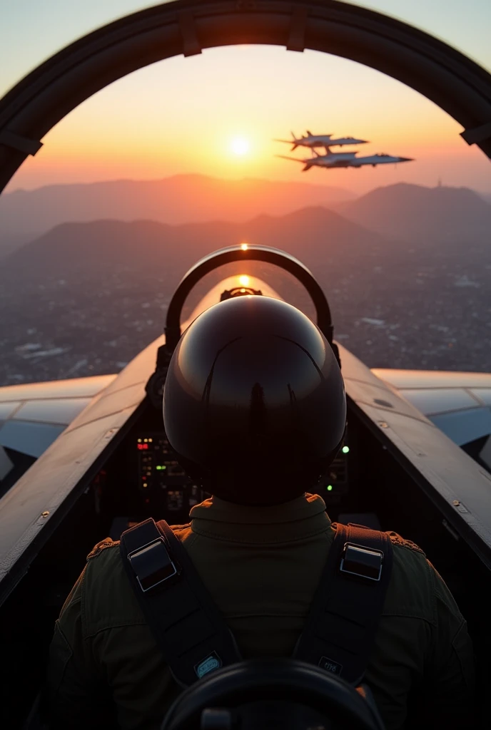 Photo of a fighter pilot piloting an F-15 with the perspective from the cockpit of the aircraft looking forward where in the distance you can see mountains and small cities in a soft sunset without much brightness and the sun behind the planes that are for...