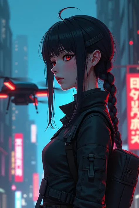 anime, 1girl, , cyberpunk fashion, hair style Braid, with drone , sad makeup