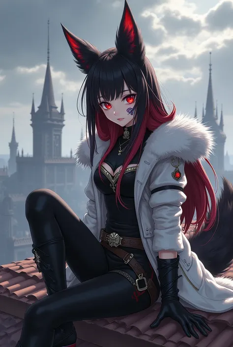 "Young girl 20-24 years old with sharp fox ears and one fluffy tail,  sits on the roof of a building in a dark fantasy city .  She has long dark hair with red locks and bright red eyes .  The girl is wearing fully closed clothes in medieval style with elem...