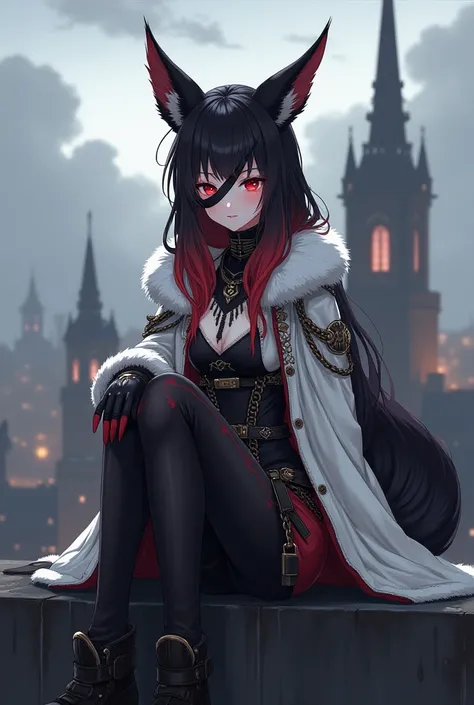 "Young girl 20-24 years old with sharp fox ears and one fluffy tail,  sits on the roof of a building in a dark fantasy city .  She has long dark hair with red locks and bright red eyes .  The girl is wearing fully closed clothes in medieval style with elem...