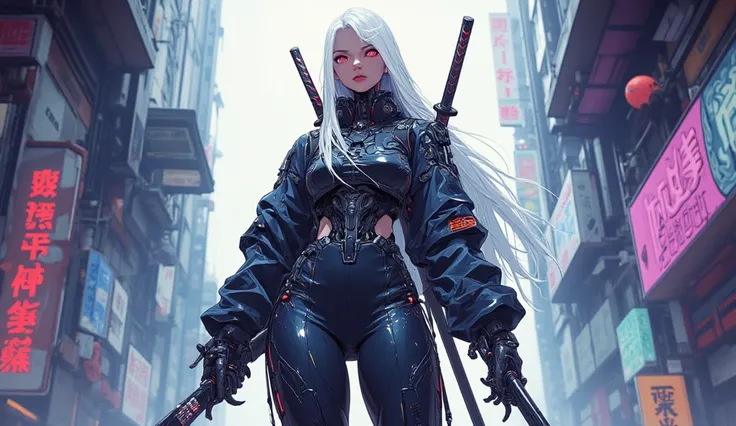 AI woman in a cyberpunk suit, very tall, with thick thighs, wide hips, long legs, and a slender waist. Dark red glowing eyes, long flowing white hair. Two large katanas hanging at her waist behind and one katana in her hand. Alluring, looking directly at t...