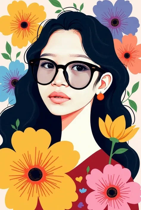 Vibrant semi-abstract portrait of a young woman surrounded by large, colorful flowers. Her face featured smooth, exaggerated lines and soft gradients, with very bold makeup—pink lips, and bright blue eyes with thick lashes. Her flowers, in shades of yellow...