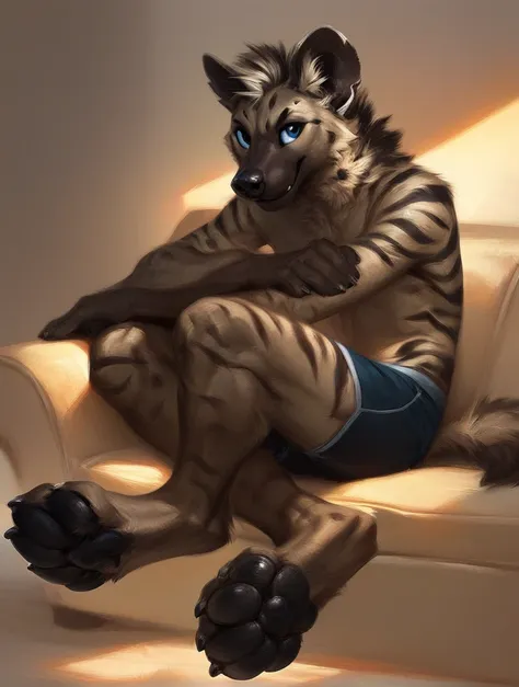 score_9, score_8_up, score_7_up, source_furry, rating_safe, by kenket, anthro, solo, male, striped hyena, blue eyes, legs, feet, toes, black pawpads, shiny pawpads, hind paws, pawpads, wrinkled red boxers, sitting on couch
