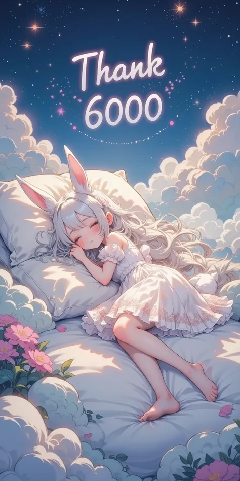 (text written "Thank 6000" with a beautiful solemn font for sure).(cute and kawaii rabbit girl lying down eternaly sleeping in a happy dream. She has long white hair and fluffy rabbit ear and perky breast, wears a beautifully embroidered transparent white ...