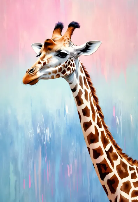 A stunning artistic oil painting of a standing giraffe" The background features a smooth gradation of soft pastel tones such as pale pink to pale blue, while the details of the giraffe are highlighted with bold textured brushstrokes, giving the overall com...