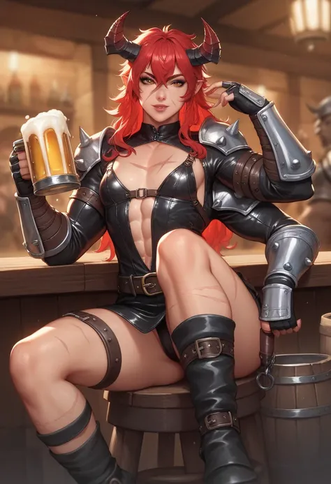 dnd female oni mercenary, thief clothes, Leg wraps, leather chestplate, sitting at tavern, looking at viewer, heavy mercenary's leather thief clothes, small chest, muscular fit, scars on face, red hair, 3 arms, holding beer, leather pauldrons, multiple lit...