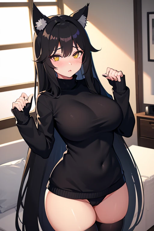 Hot girl, Beautiful long black hair, bright yellow eyes, big but medium breasts, big hips, black sweater, black panties, no pants, big wolf ears, blush, at a living room