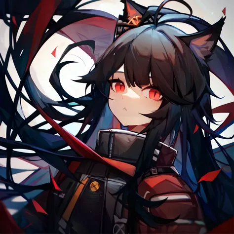 ,paimonfy,1girl,solo,w \(arknights\),masterpiece, best quality, very aesthetic, absurdres, ((cat girl, cat ears)), (red eyes), (long hair), (( black hair, (Ahoge), straight bangs,)),