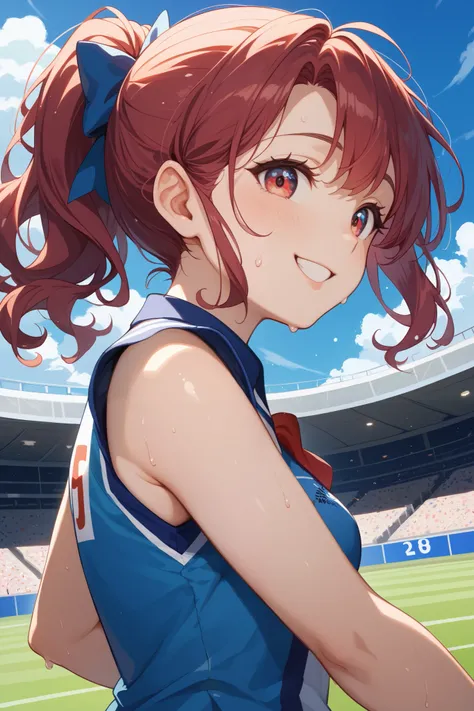 A cute 19 year old girl :: depict the whole body ::  maroon hair in the garden :: short occipital ponytail ::Delicate and beautiful eyes  :: The uniform is white and blue, and is sleeveless::  :: Smiling and cheerful expression :: fresh   :: sweat ::  whit...