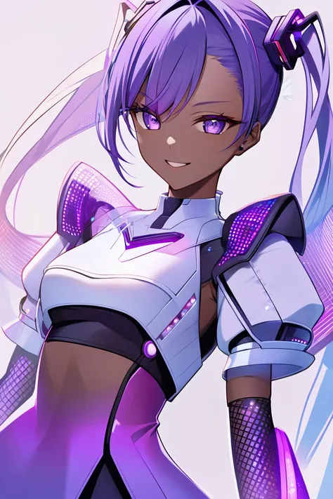  Lira is a virtual idol created by an AI ,  with hair in a gradient from blue to purple  (Referring to sound waves ). wears futuristic clothes,  filled with LEDs that change color to the rhythm of the song she “sings”.