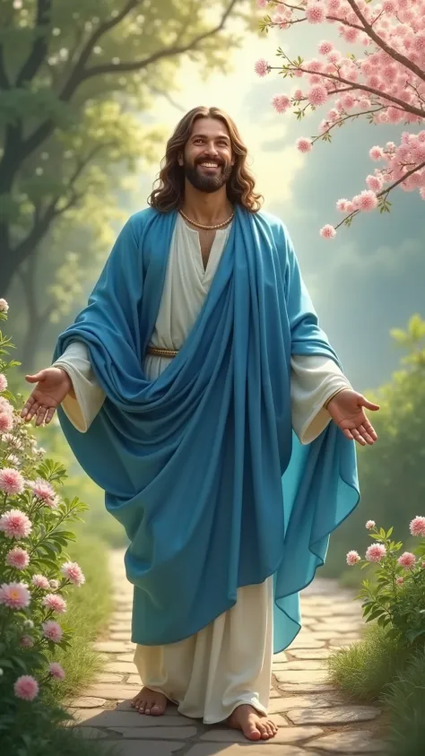 Jesus in blue scarf standing on path, looking straight to the viewer, bush flower, smiling, happy moments, cherry tree 