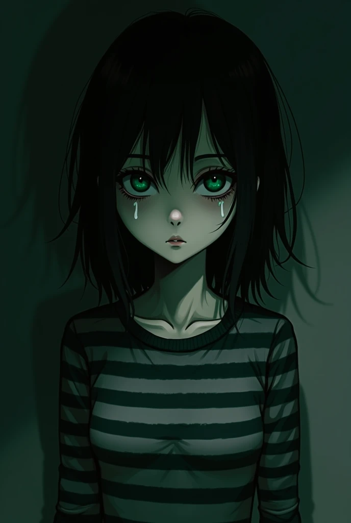 Hopeless emo  shrouded in darkness,  eyes with dark tears,  black hair, green fringe on the eyes, striped shirt, Fine body, sad face