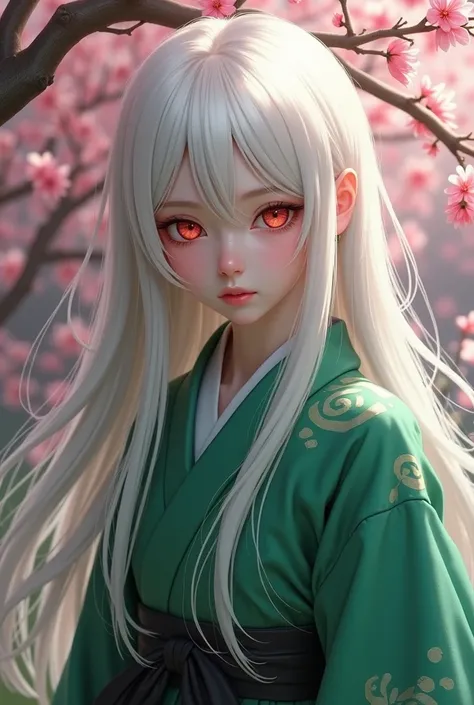 Realistic art of a  boy ,with androgen face ,pink skin, long white hair  .Red eyes wearing an emerald green kimono and a black bow ,Cherry trees in the background 