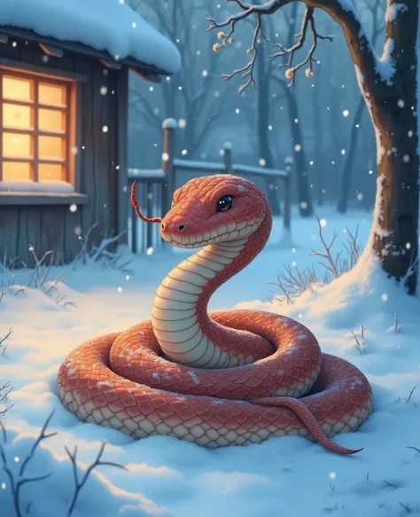     little character 、An anime in which an auspicious, warm, and cute snake personifies a girl   ,      smooth texture, slimy skin  ,   rough patterned cuticle  ,    In the breath of winter    .   彼女teeth雪景色の中に立っています  ,     、 warm lighted windows with snow...