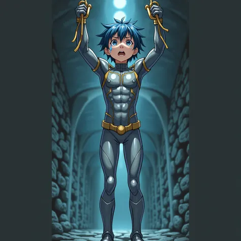  An adolescent boy holds ropes with his arms raised and looks forward . His hair is messy and blue , your eyes color blue , with a tight metallic silver tights with blue and gold details that are glued to your body.  He has a slightly irritated expression ...