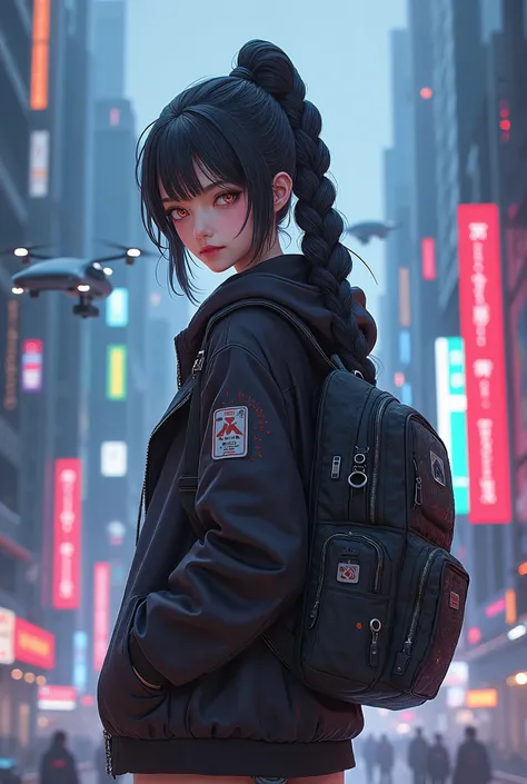 anime, 1girl, , cyberpunk fashion, hair style Braid, with drone and backpack