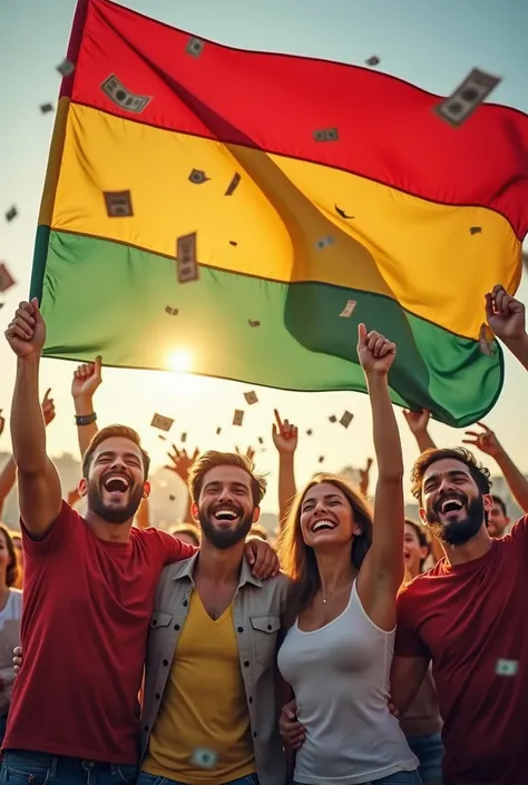 hombre y mujeres Sonrientes agitando la bandera rojo amarrillo y verde horizontal con pasion y billetes en el aire High resolution,  looking at the spectator ,  smile, Teeth,  High resolution, 