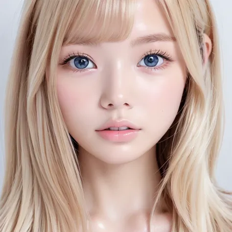 明るいBlondeの絶世の白人美少女、10th Generation、Very beautiful, bright milky white baby light ice, big blue eyes、Dazzlingly bright milky white iris 、 moisturized white shiny skin 、 cheek gloss highlight、超長い明るいBlonde、 very big bust、美しい長いbangs、Small Face Beauty、 very big...