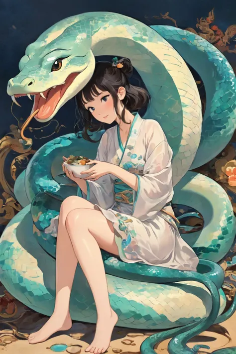   There is a comic picture of a woman sitting on a giant flying snake eating ozoni in a bowl, Stretching Mochi ,歌川芳艶にインスパイアされたanimeイラスト,浮世絵テイストのanime, 日本のanimeスタイル, anime,  painting, プロダクション animeーション セル, anime style, Japanese painting, 日本animeスタイル,  anime...