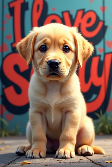 An image of a yellow Labrador Retriever puppy looking at me with a black outline and a phrase in the background with a phrase that says I LOVE SAILY in a colorful urban art font style
