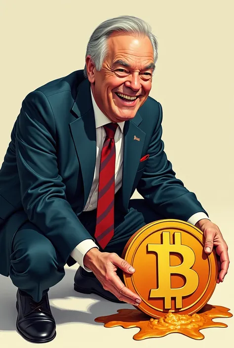 Jarome Powell the head of FED smiles and poops on bitcoin logo