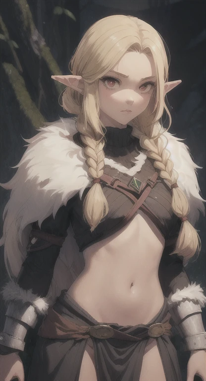 Dinosaur era, Prehistoric Hylian, Devine princess, Hylia, blonde, red eyes, bandit braids, looking at viewer, long messy hair, prehistoric Hyrule, lore accurate prehistoric fur armor, loincloth,