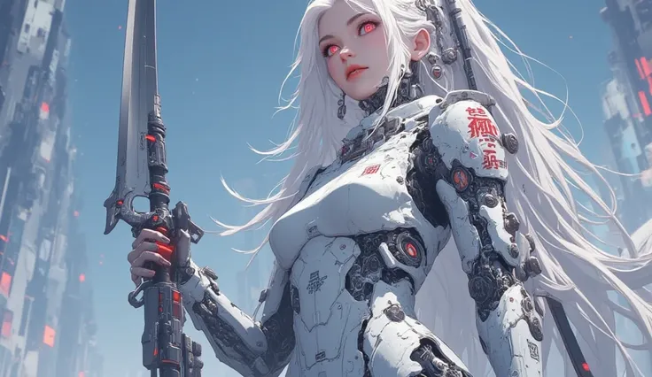 AI woman in a cyberpunk suit, very tall, with thick thighs, wide hips, long legs, and a slender waist. Dark red glowing eyes, long flowing white hair. Two large katanas hanging at her waist behind and one katana in her hand. Alluring, looking directly at t...