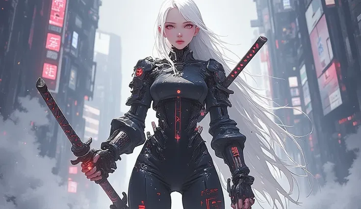 AI woman in a black cyberpunk suit, very tall, with thick thighs, wide hips, long legs, and a slender waist. Dark red glowing eyes, long flowing white hair. Two large katanas hanging at her waist behind and one katana in her hand. Alluring, looking directl...