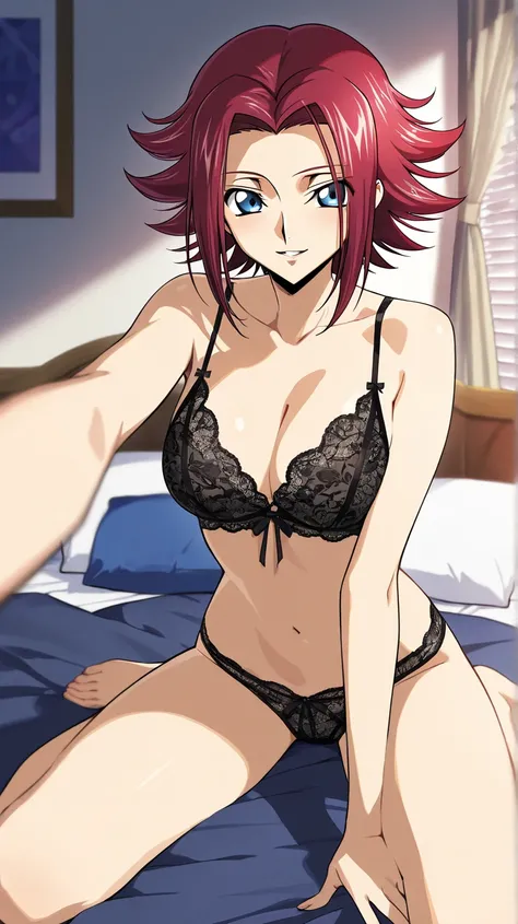 An anime-style illustration of Kallen Stadtfeld from Code Geass sitting on a cozy bed in a softly lit bedroom. She is wearing an elegant black lingerie with subtle lace details. Her fiery red hair cascading over her shoulders. Kallen has a playful and slig...